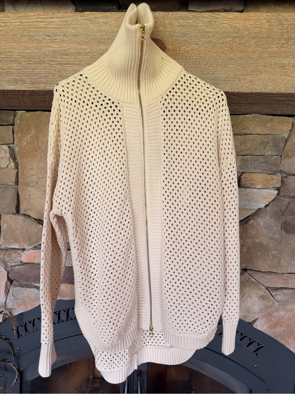 Varley Cream Open-Knit Zip Turtleneck Sweater